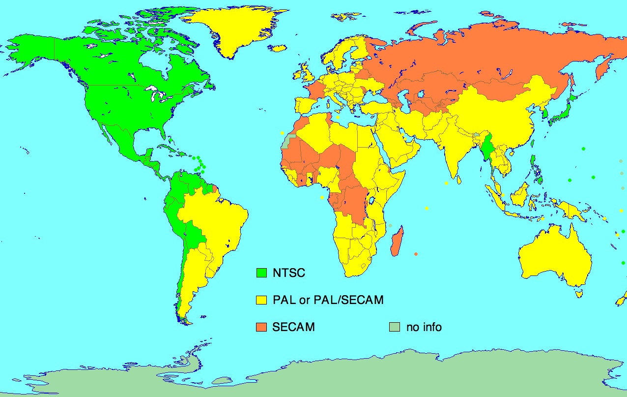 Mapa rozdělení televizních standardů PAL, NTSC a SECAM podle regionů